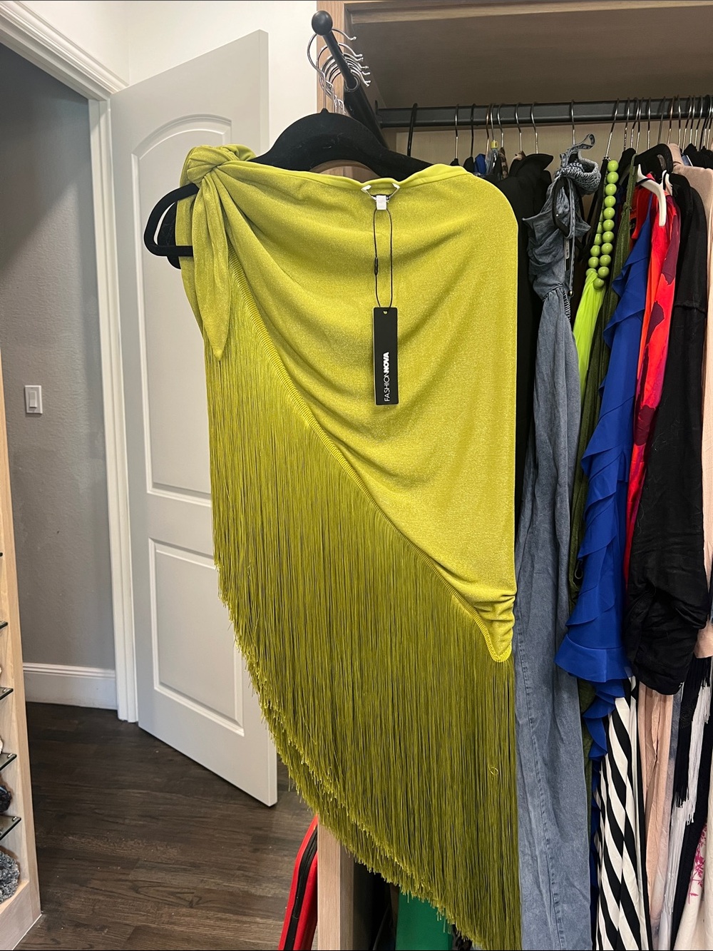 Fashion Nova Chartreuse Asymmetrical Fringe Skirt